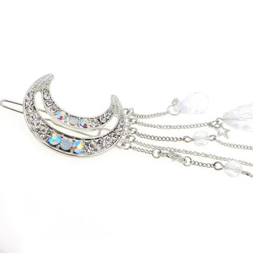 Gold Finish Crecent Moon Rhinestone Hair Clip with Beads Tassels (pc)